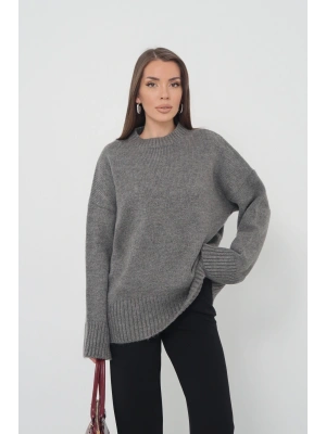 Kadın Oversize Antrasit Bisiklet Yaka Pamuksu Dokulu Triko Kazak