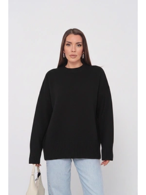 Kadın Siyah Bisiklet Yaka Pamuksu Dokulu Uzun Kol Triko Kazak