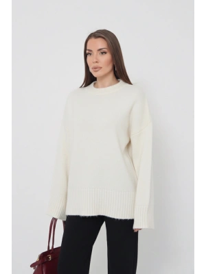 Kadın Oversize Ekru Bisiklet Yaka Pamuksu Dokulu  Uzun Kol Triko Kazak