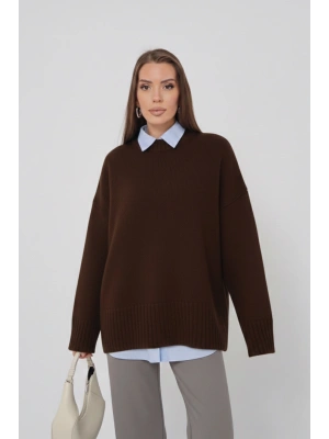 Kadın Oversize Acı Kahve Bisiklet Yaka Pamuksu Dokulu Uzun Kol Triko Kazak