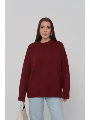 Kadın Oversize Bordo Bisiklet Yaka Pamuksu Dokulu Uzun Kol Triko Kazak