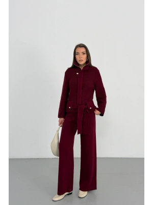 Kadın Bordo Dik Yaka Kuşaklı Premium Kalite Triko Hırka Bol Paça Pantolon Triko Takım