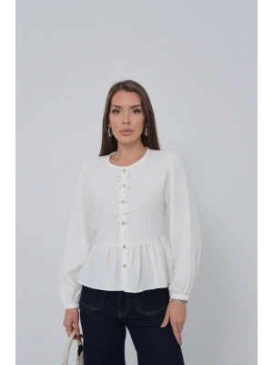 Kadın Ekru Fiyonk Detaylı Düğmeli Uzun Kol Gömlek Bluz