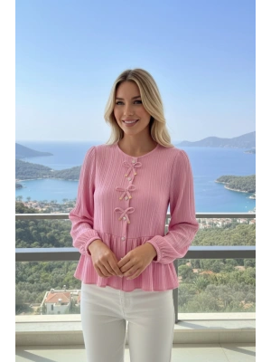 Kadın Şeker Pembe Fiyonk Detaylı Düğmeli Uzun Kol Gömlek Bluz