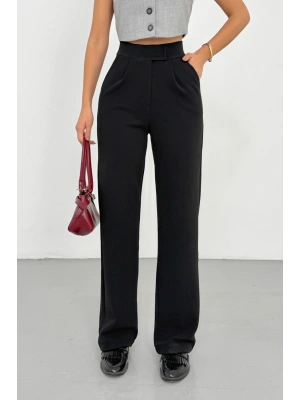 Kadın Siyah Yüksek Bel Likralı Cırt Bant Kapamalı Geniş Paça Palazzo Pantolon