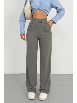 Kadın Antrasit Yüksek Bel Likralı Cırt Bant Kapamalı Geniş Paça Palazzo Pantolon