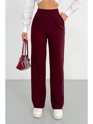 Kadın Bordo Yüksek Bel Likralı Cırt Bant Kapamalı Geniş Paça Palazzo Pantolon