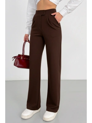 Kadın Acı Kahverengi Yüksek Bel Likralı Cırt Bant Kapamalı Geniş Paça Palazzo Pantolon