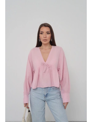 Kadın Pudra V Yaka Önü Bağcıklı Salaş Uzun Kollu Bluz