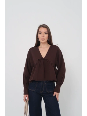 Kadın Acı Kahverengi V Yaka Önü Bağcıklı Salaş Uzun Kollu Bluz