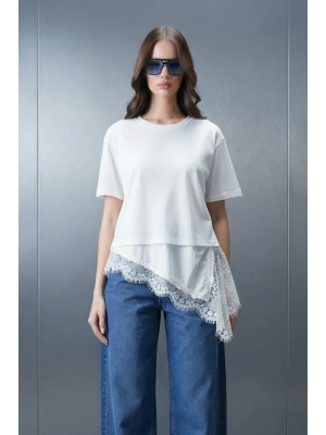 Kadın Beyaz Asimetrik Kesim Şık Dantel Detaylı Salaş Oversize Tişört