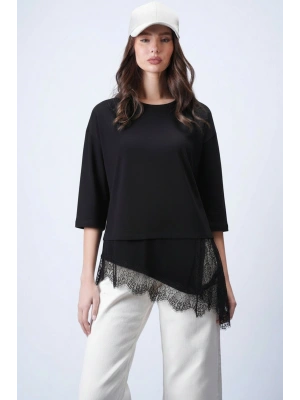 Kadın Siyah Asimetrik Kesim Şık Dantel Detaylı Salaş Oversize Tişört