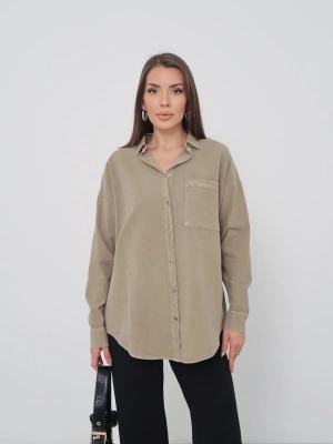 Kadın Haki Ham Kumaş Cepli Gömlek