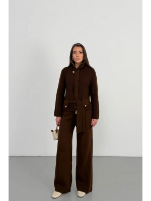 Kadın Acı Kahverengi Dik Yaka Kuşaklı Premium Kalite Triko Hırka Bol Paça Pantolon Triko Takım
