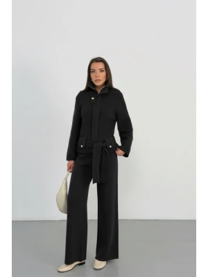 Kadın Siyah Dik Yaka Kuşaklı Premium Kalite Triko Hırka Bol Paça Pantolon Triko Takım