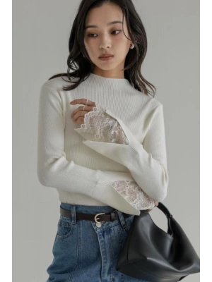 Kadın Beyaz Yarım Balıkçı Yaka Dantel Kol Detaylı Fitilli Triko Bluz (S/M Beden)