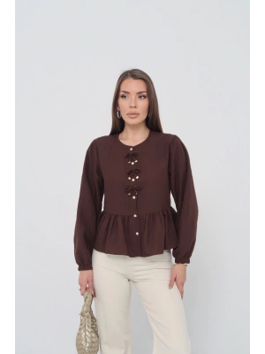 Kadın Acı Kahverengi Fiyonk Detaylı Düğmeli Uzun Kol Gömlek Bluz
