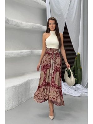 Kadın Bordo Yüksek Bel Bağlama Detaylı Şık Etnik Desenli Asimetrik Kesim Midi Etek