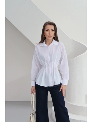 Kadın Beyaz Şık Belden Oturmalı Pensli Uzun Kol Gömlek