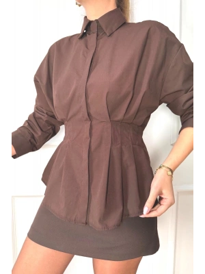 Kadın Kahverengi Şık Belden Oturmalı Pensli Uzun Kol Gömlek