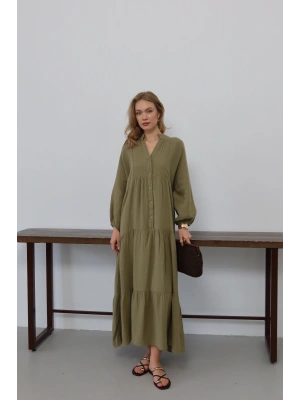 Kadın Haki Bohem Tarz Müslin Kumaş Rahat Kalıp Astarlı Uzun Şık Bayramlık Elbise