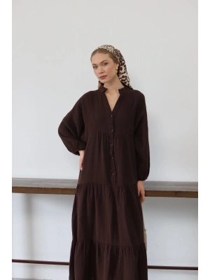 Kadın Kahverengi Bohem Tarz Müslin Kumaş Rahat Kalıp Astarlı Uzun Şık Bayramlık Elbise