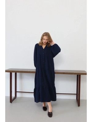 Kadın Lacivert Bohem Tarz Müslin Kumaş Rahat Kalıp Astarlı Uzun Şık Bayramlık Elbise