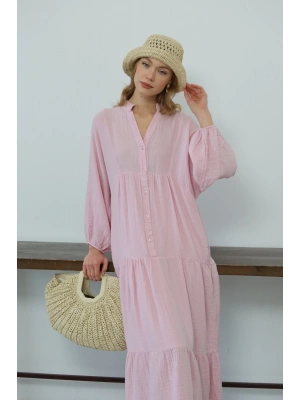 Kadın Şeker Pembe Bohem Tarz Müslin Kumaş Rahat Kalıp Astarlı Uzun Şık Bayramlık Elbise