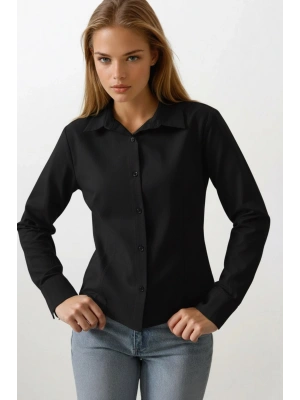 Kadın Siyah Slim Fit Pensli Dar Kesim Günlük Şık Gömlek
