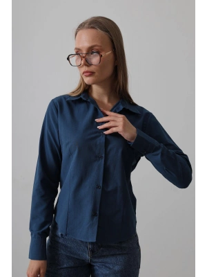 Kadın Lacivert Slim Fit Pensli Dar Kesim Günlük Şık Gömlek