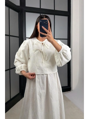 Kadın Ekru Çiçek Nakışlı Gömlek Beli Lastikli Etek Bluz İkili Takım