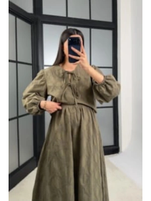 Kadın Haki Çiçek Nakışlı Gömlek Beli Lastikli Etek Bluz İkili Takım