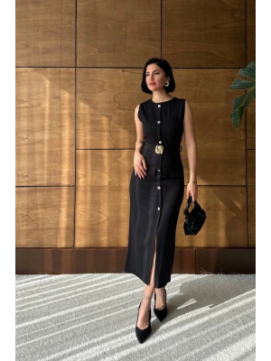 Kadın Siyah Şık Kemer Detaylı Kolsuz Slim Midi Boy elbise