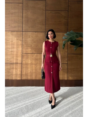 Kadın Bordo Şık Kemer Detaylı Kolsuz Slim Midi Boy elbise