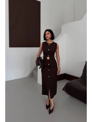 Kadın Kahverengi Şık Kemer Detaylı Kolsuz Slim Midi Boy elbise