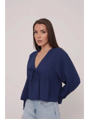 Kadın Lacivert V Yaka Önü Bağcıklı Salaş Uzun Kollu Müslin Bluz