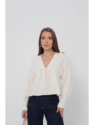 Kadın EKRU V Yaka Önü Bağcıklı Salaş Uzun Kollu Müslin Bluz