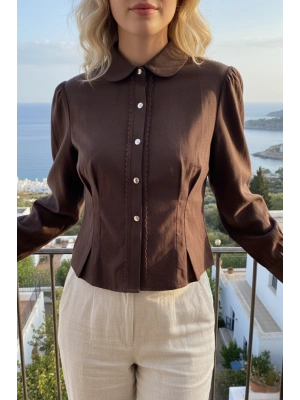Kadın Kahverengi Şık Dantel Detaylı Dar Kesim Gömlek