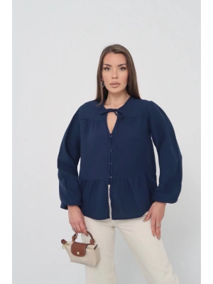 Kadın Lacivert Müslin Kumaş Yakası Bağcıklı Önü Düğmeli Volanlı Gömlek Bluz