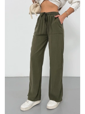 Kadın Haki Yüksek Bel Beli Lastikli Bağcıklı Bol Paça Geniş Kesim Şık Cepli Premium Palazzo Pantolon