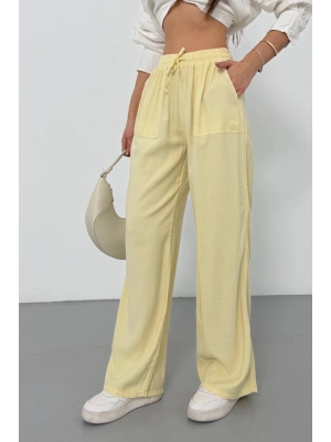 Kadın Yaz Sarısı Yüksek Bel Beli Lastikli Bağcıklı Bol Paça Geniş Kesim Şık Cepli Premium Palazzo Pantolon