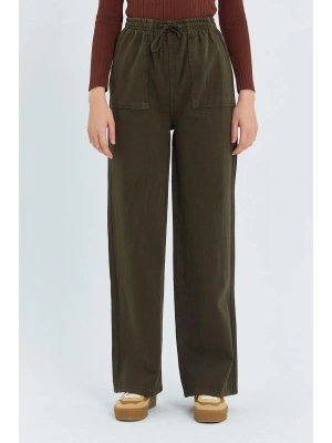 Kadın Kahverengi Yüksek Bel Beli Lastikli Bağcıklı Bol Paça Geniş Kesim Şık Cepli Premium Palazzo Pantolon