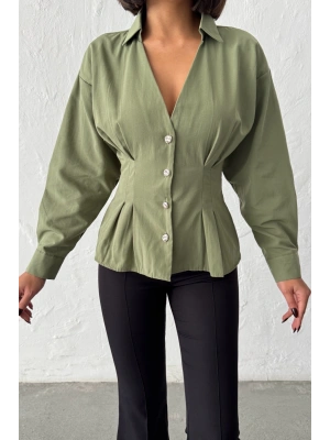 Kadın Haki Belden Oturtmalı Pens Detaylı Beli Pileli Şık Düğmeli V Yaka Gömlek