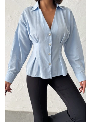 Kadın Mavi Belden Oturtmalı Pens Detaylı Beli Pileli Şık Düğmeli V Yaka Gömlek