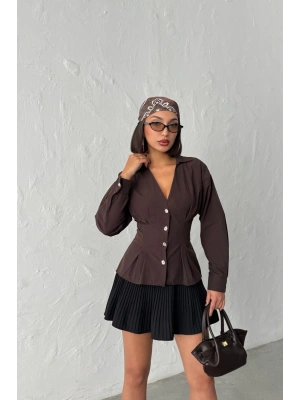 Kadın Acı Kahverengi Belden Oturtmalı Pens Detaylı Beli Pileli Şık Düğmeli V Yaka Gömlek