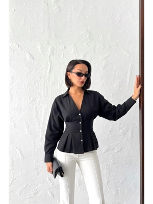 Kadın Siyah Belden Oturtmalı Pens Detaylı Beli Pileli Şık Düğmeli V Yaka Gömlek