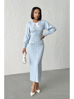 Kadın Mavi Şık Fiyonk Detaylı Balon Kol Triko Elbise