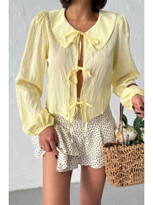 Kadın Yaz Sarısı Bağlamalı Önü Açık Büyük Yaka Balon Kol Mevsimlik Yazlık Gömlek Bluz