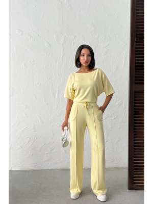 Kadın Yaz Sarısı Yumuşacık Yarasa Kol Bluzlu Beli Bağcıklı Geniş Paça İkili Takım