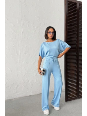 Kadın Yaz Mavisi Yumuşacık Yarasa Kol Bluzlu Beli Bağcıklı Geniş Paça İkili Takım